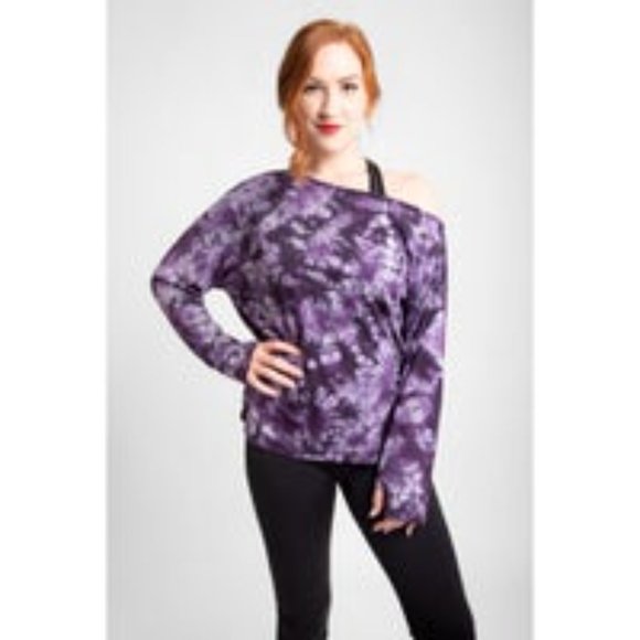 WOMENS PURPLE TIE-DYE PRINT OFF-THE-SHOULDER LONG SLEEVE TOP - Size: S/M, L/XL - Picture 8 of 9